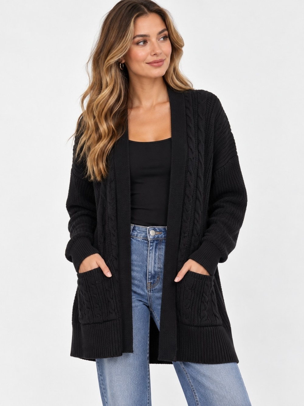 St. John's Bay Black Cable-Knit Open-Front Pocket Cardigan